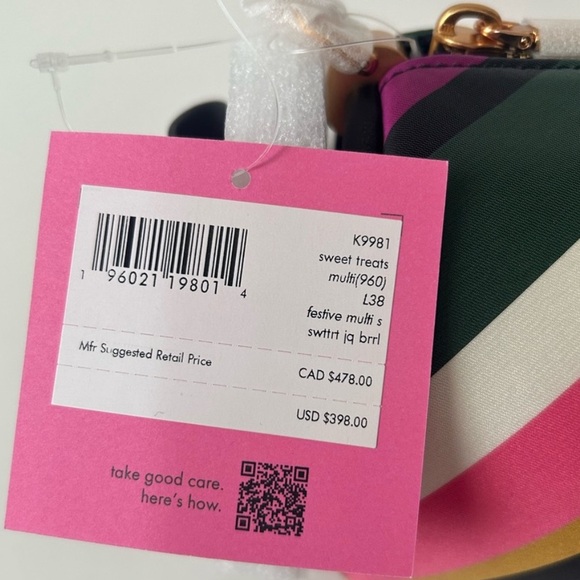 ♠️kate spade Sweet Treats Festive Multi Stripe Jacquard Small Barrel Bag NWT - Picture 10 of 12
